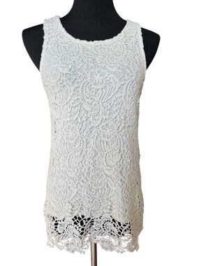Lucky Brand Lace Tank Top Medium Ivory Crochet Sleeveless Boho Scalloped Hem